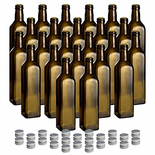 gouveo 24er Set Glasflaschen 500 ml Maraska -Antik- mit Schraubverschluss silberfarben - Farbige Flasche 0,5 l zum Befüllen - Likörflasche, Ölflasche, Essigflasche (MFEA500S)