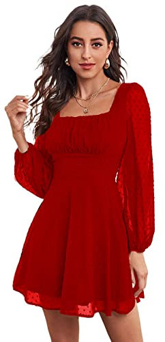 Muzboo Damen Ballon-Ärmel Kleid Quadratischer Ausschnitt A-Linie Vintage Mesh Kleid Rot-L