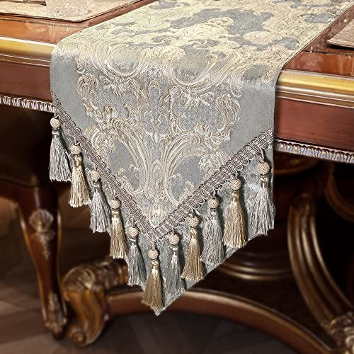 TOPLUXE Tischläufer mit Quasten, Jacquard Tischdecke für Esstisch Urlaub Party Wohnzimmer Dekoration (33x180cm, Hellgrau)
