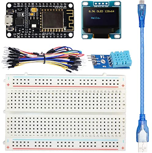 DAOKAI ESP8266 Kit de inicio con placa de desarrollo ESP8266 Pantalla de 0,96 pulgadas Sensor de temperatura y humedad Cable de salto Cable USB Kit de electrónica para entusiastas del bricolaje