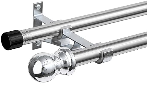 Doppelte Vorhangstangen für Fenster 76-150 cm, 2,5 cm schwere doppelte Fensterstangen - verstellbare dekorative silberne Vorhangstange für Glasschiebetür, Terrasse, Schlafzimmer, Küche, Badezimmer