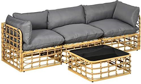 Outsunny 4 TLG. Rattan Gartenmöbel-Set, Sitzgruppe mit Kissen, Sitzgarnitur mit 3 Sofas, Hocker und Beistelltisch in einem, Gartensitzgarnitur für Terrasse, Alu+Polyester, Braun