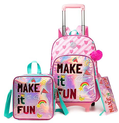 Egchescebo Sac à Dos Roulette Pour Enfant Fille D'école Amovible Lettre FUN en Scolaires Cartables et Trousses Capacité avec Cartable Ecole Primaire Chariot de Voyage Valise 17 3PCS Rose