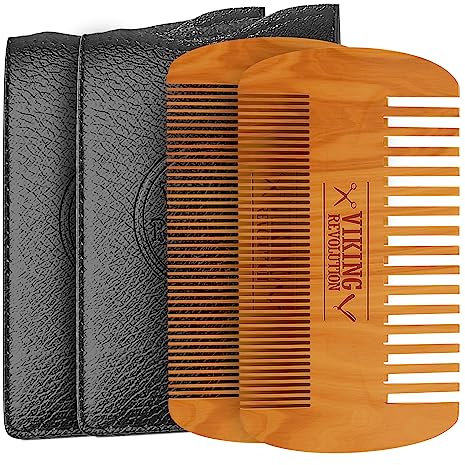 Viking Revolution Wooden Beard Comb & Case, Dual Action Fine & Coarse Teeth, Perfect for use with Balms and Oils, Top Pocket Comb for Beards & Mustaches (2 Pack)