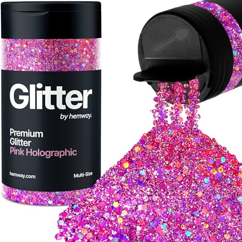 Hemway Premium Glitter Shaker - Pink Holographic | 120g Multi Size Metallic Flake Sequins for Resin & Epoxy Crafts | Craft Supplies for Tumblers, Festival, Hair, Face, Body, Eye & Nail Art