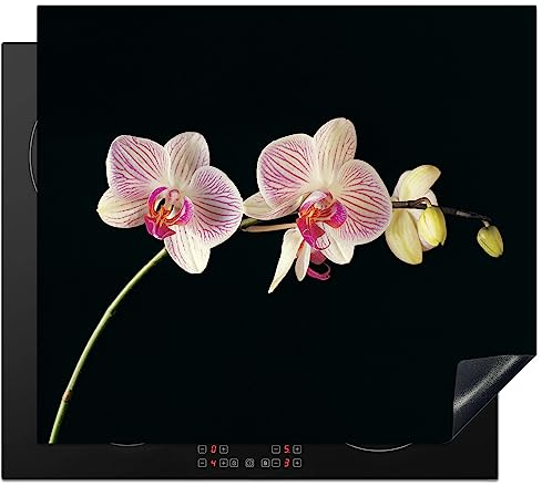 KitchenYeah© Herdabdeckplatte Einteilig Ceranfeld Abdeckplatte für Induktionsschutz Ceranfeldabdeckung Vinyl Herdabdeckplatten Orchidee - Pink - Blumen - Schwarz - Rosa - Natur - 59x52 cm