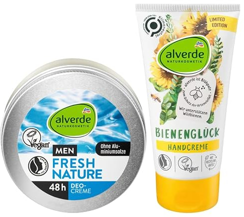alverde Naturkosmetik 2er-Set Körperpflege: Deo Creme FRESH NATURE MEN mit Sheabutter, ohne Aluminiumsalze & Alkohol (50 ml) + Handcreme BIENENGLÜCK Feuchtigskeitspflege mit Olivenöl (75 ml), 125 ml