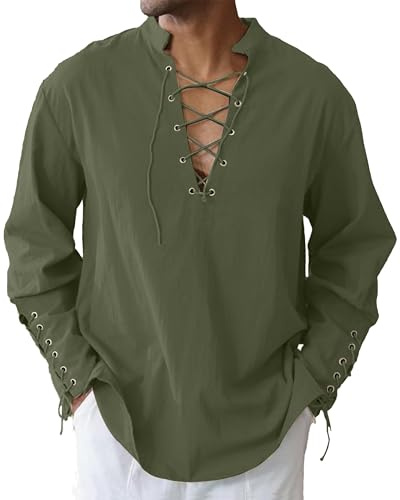 LVCBL Medieval Costume Men Renaissance Shirt Linen Long Sleeve Vintage Viking Shirts Army Green L