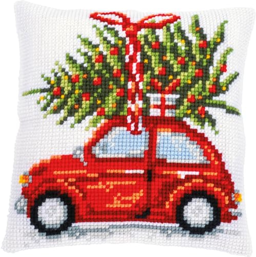 Vervaco Cross Stitch Embroidery Kits Cushion Embroidery Set Beginners Pre-Printed Christmas Car DIY Set Creative Set for Adults Decorative Cushion Approx. 40 x 40 cm Craft Set Craftsman Home