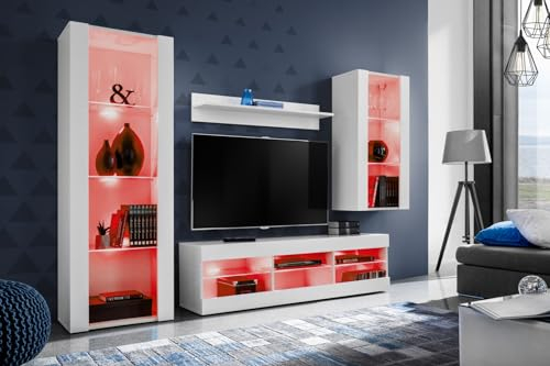 Komodee Wohnwand Wohnzimmerset Tivoli Medio, Weiß/Weiß, Breite 245cm x Höhe 159cm x Tiefe 35cm, LED RGB, für Wohnzimmer, Schlafzimmer