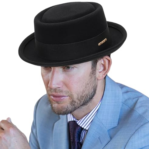 Klassischer Fedora-Hut aus der 1920er-Jahre, reine Wolle, Roll-Brim Pork-Pie, für Herren und Damen, knautschbarer Kurzbrirn-Kirchenhut, Bootsmütze, Schwarz, M