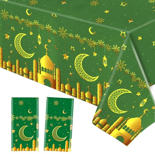 HOWAF 2 Ramadan Tischdecke Eid Mubarak Einweg-Kunststoff-Tischdecken, PVC Rechteck Tischdecke Ramadan Tischdecken Wasserdicht Party Tischdecke für Ramadan Dekoration Eid Mubarak Dekoration, Grün