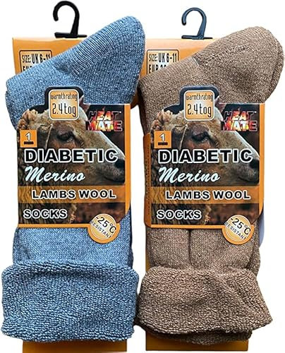 reshmena® 2 Merino Mens Wool Diabetic Socks Loose Top Men Wool Non-Elastic Sock's Mens Thick Boot Socks Winter Sock 2.4 TOG Diabetic 6-11 Assorted