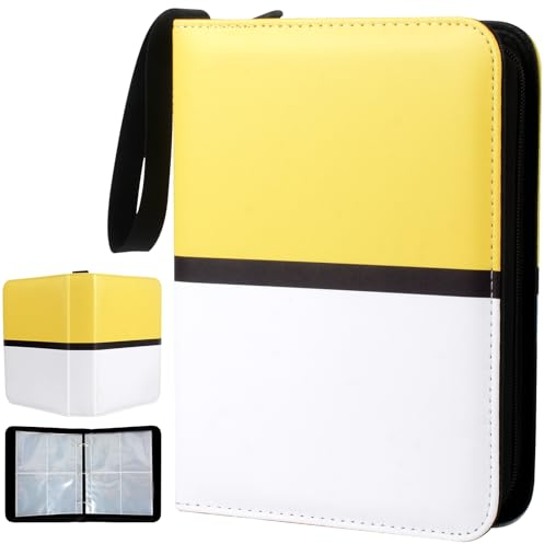 MEYDLL Card Scrapbook, 400 Cards Trading Card Album 4 Pockets 50 Pages, Portable Waterproof PU Card Holder, Large Trading Card Albums for Card Collection, the Gift for Children (Yellow and White)