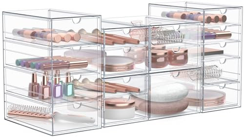 Sorbus Makeup Organizer With 16 Drawers, Acrylic Drawer Organizer for Makeup, Office Organization and Storage, Art Supplies, Jewelry, Stationary - 4 Pcs Clear Stackable Storage Bins Organizer Drawers