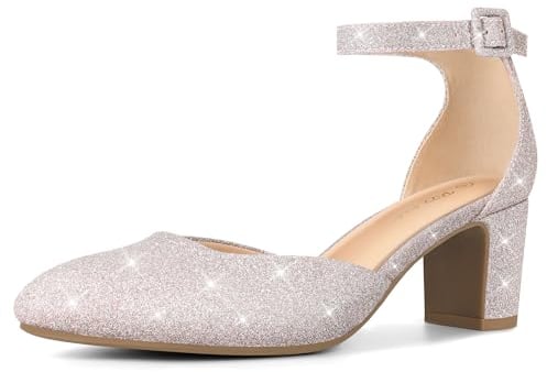 PIZZ ANNU Womens Court Shoes Block Heel Closed Toe Elegant Wedding Pumps for Bride Ankle Strap Ladies Mary Jane Sandals Rose Gold Size 6