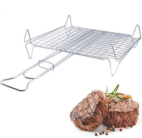 Doppia Griglia con Piedini per Barbecue, Cromata, 27x37 cm, Leggera in Ferro, per Pesce, Carne, Verdure, Pane, Graticola per BBQ, Camino, Barbecue, Cestino Antiruggine a Conchiglia