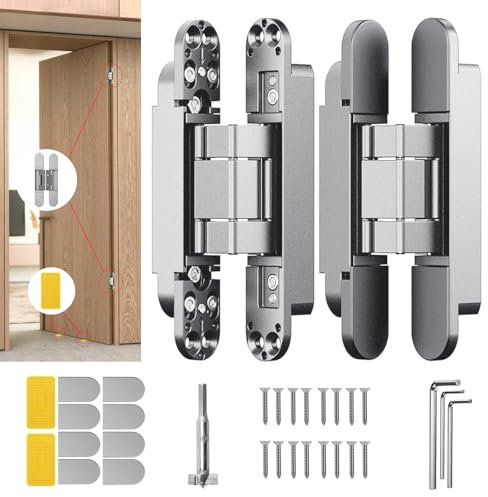 Eegoowa 7 Hidden Door Hinge/Invisible Door Silent Door Hinge 180 Degree Swing Hinge 3-Way Adjustable Butt Hinge 7 x 2.8 x 1 (2PCS) (Silver, 7 inches)
