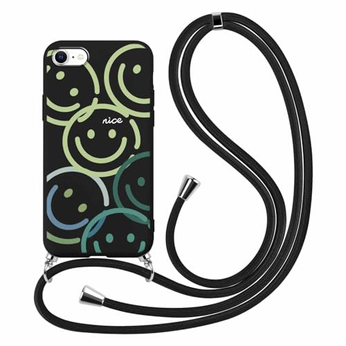 Xylota Handykette Handyhülle für iPhone 8/7/SE 2020/SE 2022 4,7 Hülle mit Band, Niedliches Muster Smiley Case mit Kordel zum Umhängen,Weich TPU Silikon Stoßfest Schutzhülle Cover für iPhone 7,Schwarz