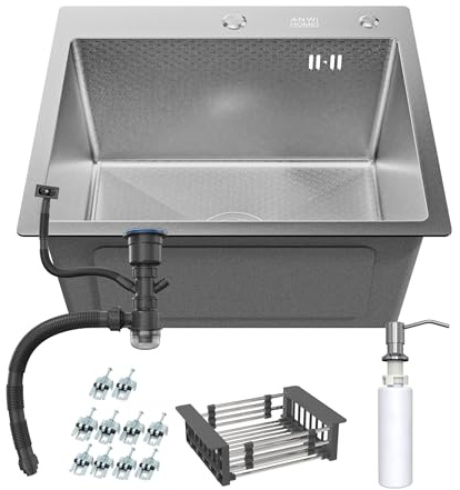 ANW HOME Küchenspüle Edelstahl, Spülbecken Küche 50x45 cm, Einbauspüle 1 Becken, Tiefe 22 cm, Stärke 3.0+1 mm, Nano-Beschichtung mit Anti-Kratz-Finish, mit Siphon Seifenspender Korb
