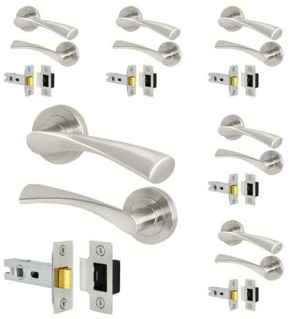 EAI Satin Nickel Door Handles with Latches, 6 Pack - Novoli | Complete Latch Kit with 6 Pairs of Lever on Rose Door Handles, 64mm Latches, Fixings Included