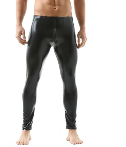 QiaTi Herren Kunstlederhose Leggings mit Reißverschluss Strumpfhosen Lackleder Schwarz Hose Tight M