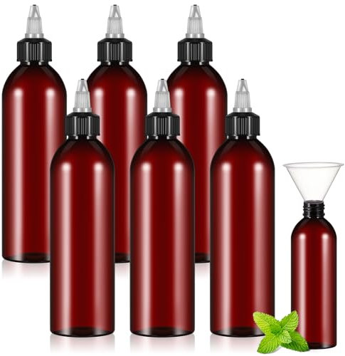 Barydat 6 Pcs 8 oz Squeeze Bottle Twist Top Applicator Bottles Empty Hair Oil Bottle with Funnels Refillable Amber Plastic Bottles for Liquid Hair Oil Shampoo Lotion