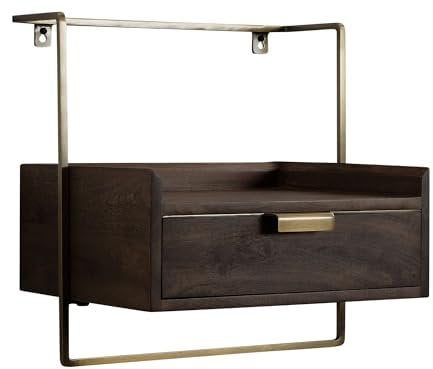 FineBuy Nachtkonsole für Wandmontage 44x45x35 cm Mango Massivholz Braun, Nachttisch mit Schublade, Wandboard Schwebend für Boxspringbett, Nachtschrank Nachtkästchen Hängend