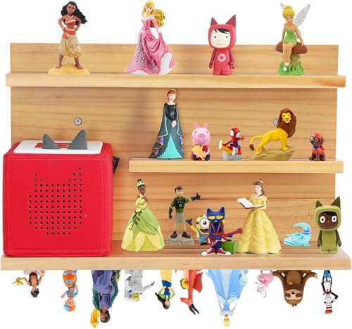 PHOENANCEE Magnetic Toniebox Shelf, Wall Floating Shelves for 48 Figures Storage Display, Children's Shelf, Children's Room, Living Room, Pine Wood, 3 Tiers(Nature Wood)
