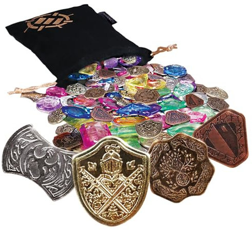 ENHANCE Tabletop Treasure Token Set - 40 Metal MTG Tokens (x10 Each Design) with Acrylic Assorted Gems (40+) and Drawstring Pouch, Counters for RPG Games - MTG Counters, DnD Coins for Tabletop Games