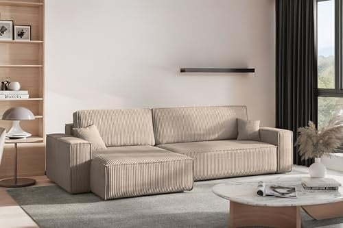 Kaiser Möbel - Ecksofa mit Schlaffunktion und Bettkasten, Schlafsofa mit Bettzeugbehälter, Wohnlandschaft L-Form, Klappsofa, Cord Stoff, Bequemes Couch für Wohnzimmer, Best XL, Dunkelbeige, Links