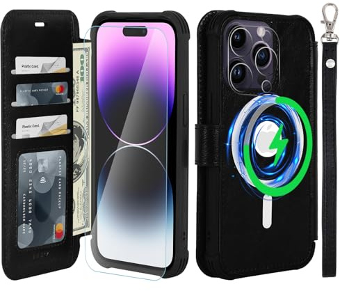 VANAVAGY Wallet Case for iPhone 14 Pro for Magsafe,Black | PU Leather Flip,Slim,12ft Drop Protection,RFID Blocking Card Holder,Magsafe Wireless Charging,Includes Screen Protector