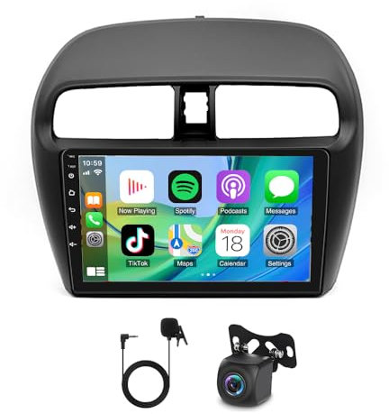 Slakerbe Android 14 Autoradio 2 Din mit Carplay Android Auto kompatibel mit Mitsubishi Mirage Space Star 2012-2023, 4G+64G 9 Zoll Auto Radio Stereo mit Bluetooth Navi WiFi FM RDS Rückfahrkamera Mic
