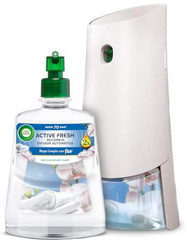 Air Wick Active Fresh Spray Automático Sin Aerosol - fragancia a Ropa Limpia, 2 veces más aceites esenciales - Aparato difusor + recambio, hasta 70 días de duración