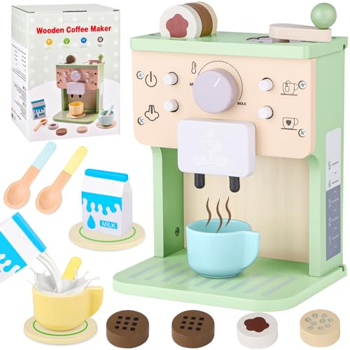 Teoryieer Macchina Caffè Giocattolo, Macchina da Caffè in Legno per Bambini | Set Cibo Finto Giocattolo per Cucina Bambini, Regali per Compleanni,Halloween,Natale per bambini dai 3/4/5 anni (Verde)