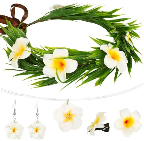 6 Stück Hawaii Kostüm Blumenkranz Haare Elfenohren Elfen Feen Kostüm Damen Faschingskostüme Karneval Tropische Plumeria Haarnadeln Halskette Ohrringe Krone Hula Party Outfit Dekorationen