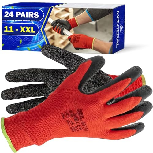 24 Paires Gants de Travail 11 XXL Protection Cat II de Latex Anti-Slip | Gant de Travail Homme et Femme Utilisés pour Jardinage Travail Manutention Mecanicien Chantier - MONTERAL