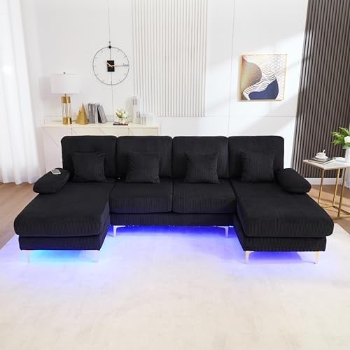 FammyLoft U-Sofa mit LED, Ecksofa mit Schlaffunktion, 265cm, Schwarz | 4 Luxuriöse Kissen, Ergonomische, Massivholzrahmen