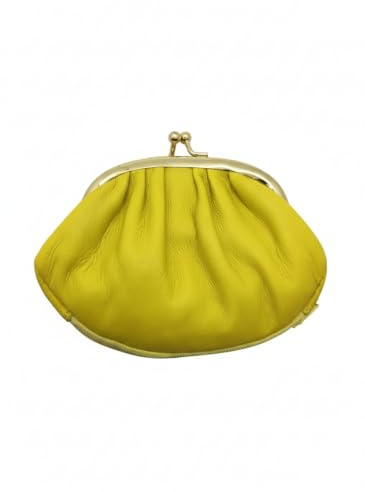 Porte-Monnaie Femme en Cuir d'agneau Souple, Fermoir Clic-clac, 3 Compartiments, Style Rétro, 14 x 9 cm (Jaune)