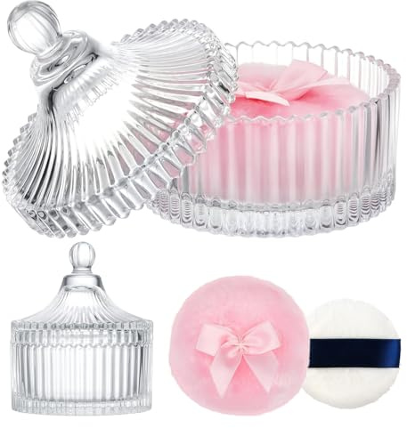 Botes de Polvo de Cristal, Borla y Recipiente para Polvos Corporales,Blanco | Lata para Polvo de Bebé, para Bebés y Mujeres, para Regalos y Viajes (Polvos No Incluidos, )