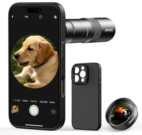 APEXEL Kompaktes 10x-Teleobjektiv für Smartphone & 200-mm-Makroobjektiv mit Spezielle Handyhülle, Professionelles FMC ED-Handy Objektiv, Geeignet für iPhone 16 Pro Max