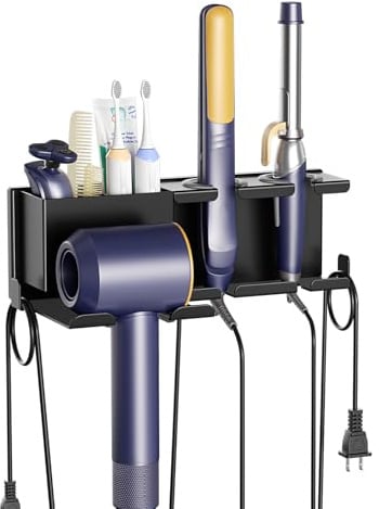 ZDDLOINP Porta Phone Bagno da Muro, Porta Piastra per Capelli Nero | Materiale Metallico, Con Vano Portaoggetti Per Il Supporto Per Arricciacapelli E Piastra , Senza Fori, Risparmio Di Spazio