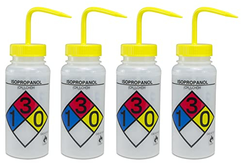 Bel-Art F11716-0008 Polyethylene Safety-Labeled 4-Color Isopropanol Wide-Mouth Wash Bottle with Yellow Polypropylene Cap, 500mL Capacity, Pack of 4