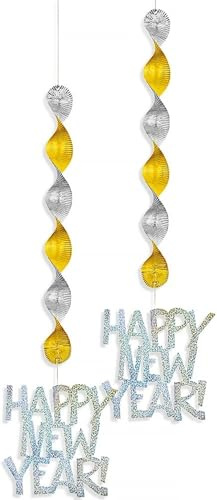 Unique Party 22932 - 75cm Hanging Prism Gold and Silver Happy New Year Decorations, Pack of 2