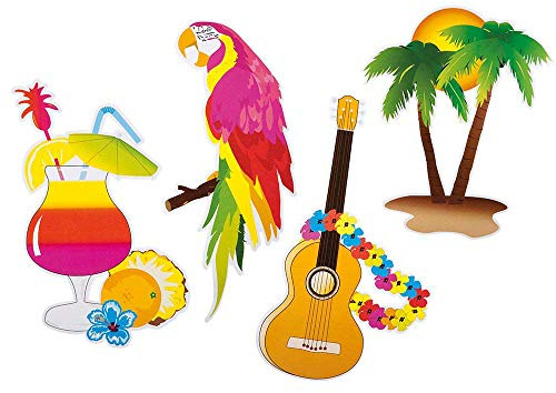 Boland 52516 - Kartondekoration Hawaii, 4 verschiedene Motive, Beach Party, Cocktail Party, Mottoparty, Karneval, Sommer, Sonne