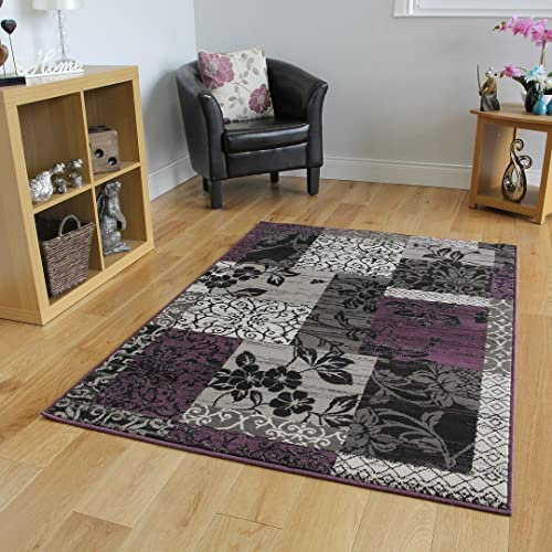 The Rug House Milan Traditioneller Läufer Teppich mit Patchwork-Muster für das Wohnzimmer in Lila Violett-, Schwarz- und Graufarbtönen 60cm x 240cm