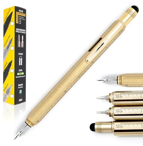Monteverde USA Tool Fountain Pen - Solid Brass - Flex Nib | 9-in-1 Pen with Stylus, Screwdrivers, Level, and Ruler | Refillable Brass Fountain Pen | Ideal Gift for Professionals