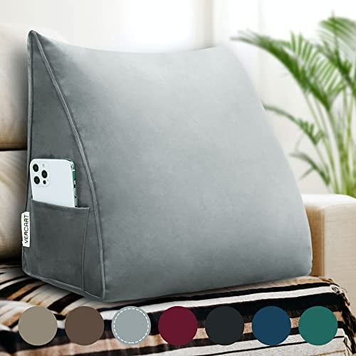 VERCART Rückenkissen Bett Gepolstert Kopfteil Lesekissen, Rückenlehne Wandkissen Keilkissen Große Sofakissen Couch Kissen XXL Rücken Anlehnkissen Abnehmbarem Bezug Samt Grau 45cm