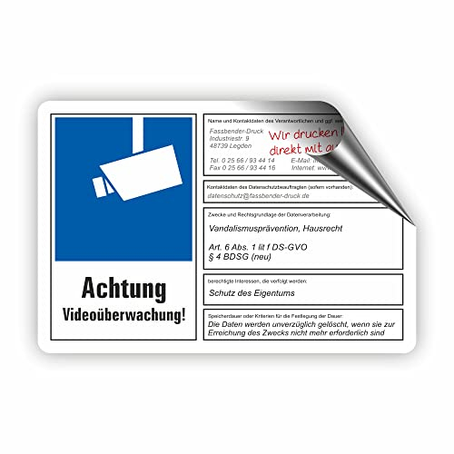 Fassbender-Druck SCHILDER dsgvo BDSG mit Wunschtext - Videoüberwachung Schild/VÜ-014 (15x10cm AUFKL.)