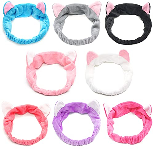 8pcs oreilles de chat bandeaux - spa douche visage lavage bandeau bandeau facial maquillage bande wrap lavable tissu coloré s'adapte à toutes les tailles de tête